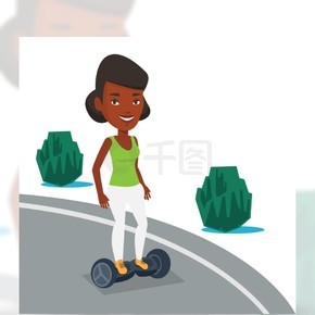 在自平衡电动滑板车上的非洲女人在gyroscooter上骑的女人站在自平衡电动滑板车上的女人在白色背景隔绝的传染媒介平的设计例证在自平衡的电动滑行车的妇女骑马