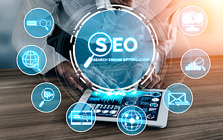 SEO-在线营销概念的搜索引擎优化通过优化客户搜索和分析市场策略，现代图形界面显示关键字研究网站推广的符号