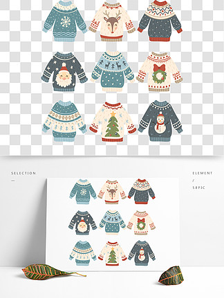 丑陋的圣诞毛衣卡通可爱的羊毛套头衫针织俗气的寒假毛衣套衫与有趣的<i>雪</i>人，圣诞老人和圣诞树，鹿和<i>雪</i><i>花</i>12月衣服矢量孤立的图标集丑陋的圣诞毛衣卡通可爱的羊毛套头衫有趣的<i>雪</i>人，圣诞老人和圣诞节树矢量集的针织的