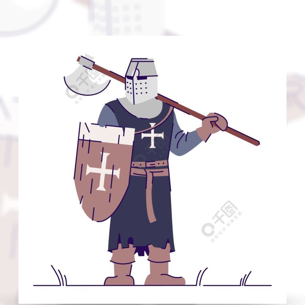 骑士中世纪英雄隔绝了与概述元素的漫画人物在白色背景十字军与盾牌和