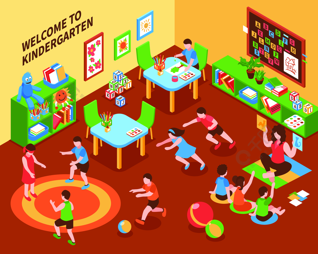 幼儿园内部等距组成幼儿园室内等距组成与孩子们忙的手机游戏教育和