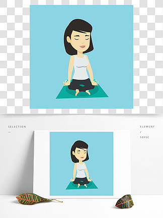放松在瑜伽莲花坐的亚裔女运动员<i>思</i>考在瑜伽莲花坐的年轻女运动员做在席子的轻松的运动的妇女瑜伽矢量平面设计插画方形布局沉<i>思</i>在莲花姿势矢量图中的女人