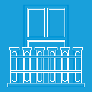 象藍色概述樣式的陽臺隔絕了傳染媒介例證細線標誌陽臺與鐵欄杆圖標