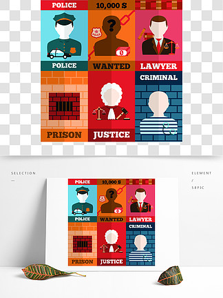 犯罪和惩<i>罚</i>迷你海报集与警察律师监狱司法罪犯孤立的矢量图