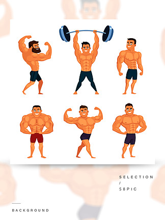 摆在不同姿势的强壮和肌肉<i>健</i><i>美</i>的卡通<i>人</i>物<i>健</i><i>美</i>运动员肌肉和强壮，性格运动员，矢量图摆在不同姿势的强壮和<i>健</i><i>美</i><i>健</i><i>美</i>运动员的卡通<i>人</i>物