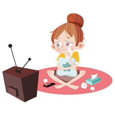 在家中看电视感动哭了的小女孩插画png