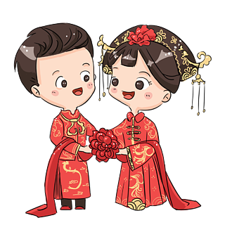 新娘可商用元素婚嫁新娘新郎夫妻同心结发中国风手绘卡通人物中国风