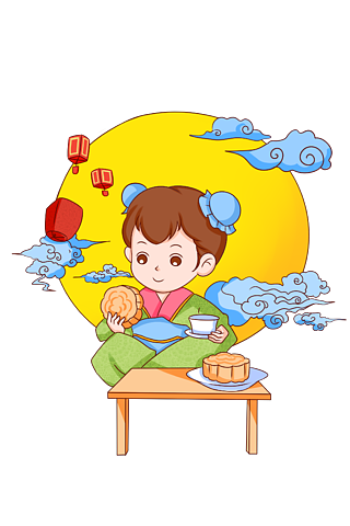 中秋节小女生吃月饼卡通人物