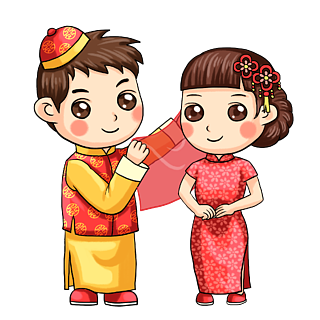中国风可爱卡通q版新郎新娘结婚照手绘元素中式婚礼爱人夫妻情侣国潮