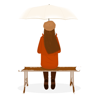 手绘治愈系冬季女孩撑伞坐在长椅上的背影