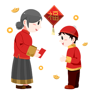 卡通手绘新年拜年发红包手绘寒假春节爷爷给孙子发红包手绘钱包红包