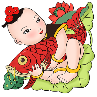 春节复古年华抱锦鲤的娃娃手绘插画