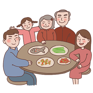 团聚卡通手绘风手绘猪年吃年夜饭的一家人冬至吃饺子年夜饭团圆饭除
