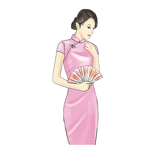 穿粉色旗袍拿着扇子的女人免扣图