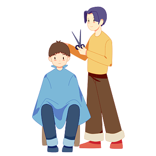 卡通手绘二月二日理发师给男孩理发