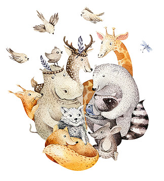 可爱的家庭幼狐、 鹿动物托儿所猫、 长颈鹿、 松鼠和熊孤立的插图。水彩波西米亚貉子画、 水彩画、 河马苗圃海报形象完美，模式.