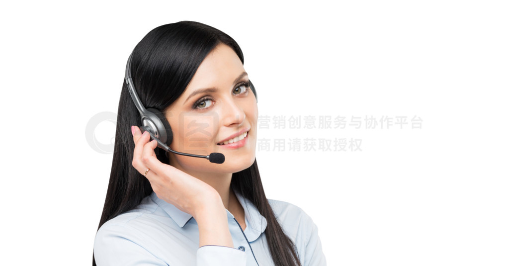 A portrait of smiling cheerful support phone operator in headset. Isolated on white background.