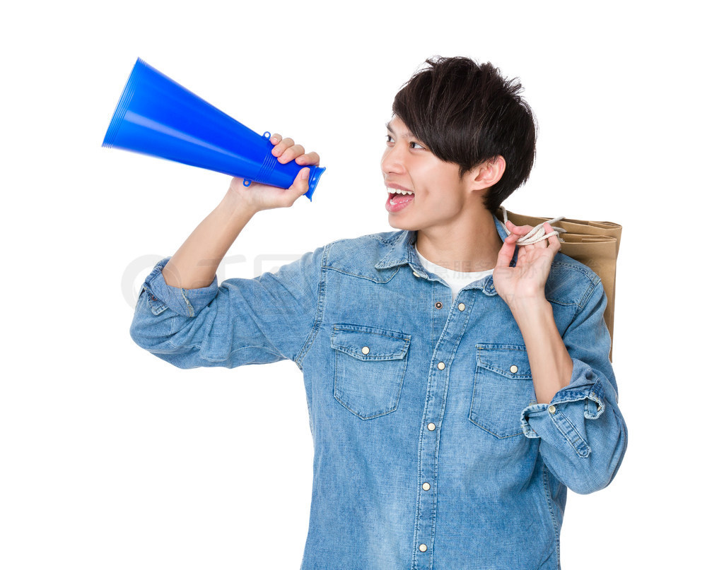 Asian man using megaphone