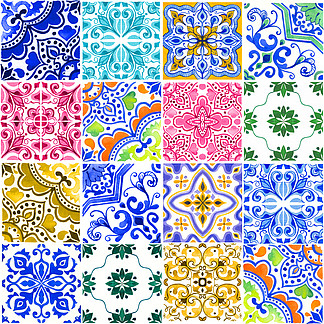 无缝模式与葡萄牙瓷砖。Azulejo 在白<i>色</i>背景上的水彩插图。多<i>色</i>的设计.