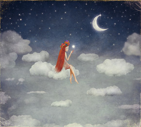 云，点亮星在夜空上的年轻女性的形象