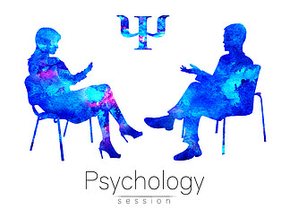 心理学家和客户端。心理治疗。心理治疗会议。心理辅导。男人女人坐在说话。剪影。蓝色的配置文件。近代符号标志。设计概念。标志