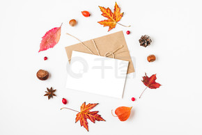 秋天的作文。用秋天的叶子、花、坚果、浆果在白色背景上制成的空白花环贺卡。平面布局，带有复制空间的顶部视图