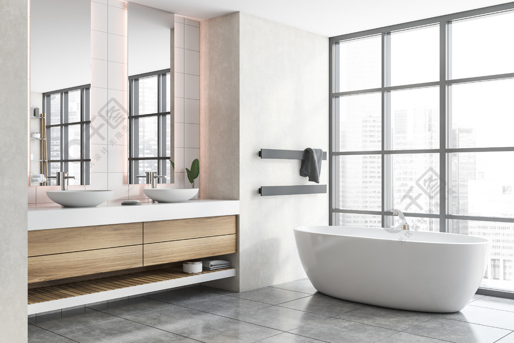 现代浴室的拐角处，有白色的墙壁，铺了瓷砖的地板，舒适的浴缸和双层水池。3d渲染