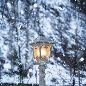 被雪覆盖的美丽的古色古香的路灯.