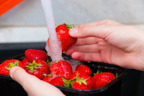 在洗草莓。女孩在一股浓密的水流下冲洗成熟的草莓，在吃之前彻底洗净草莓。有选择的重点.