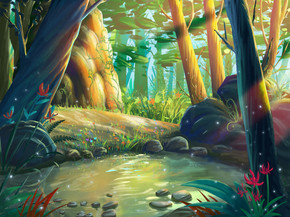 梦幻般的森林, 清晨的河畔, 以奇妙, 现实和未来的风格。视频游戏的数字 Cg 图稿, 概念插图, 逼真卡通风格场景设计