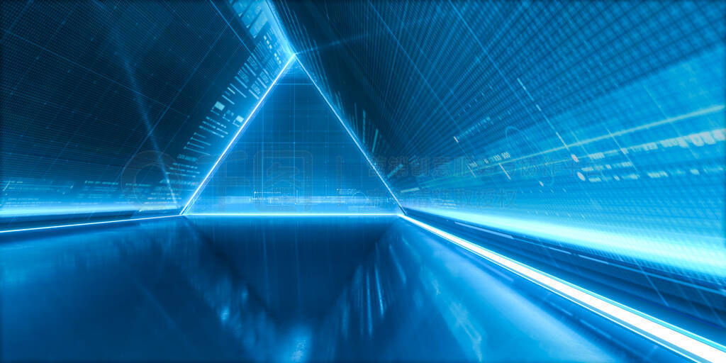 未来的宇宙飞船走廊。摘要现代背景。有光的三角形隧道。科幻走廊的概念。3d渲染.