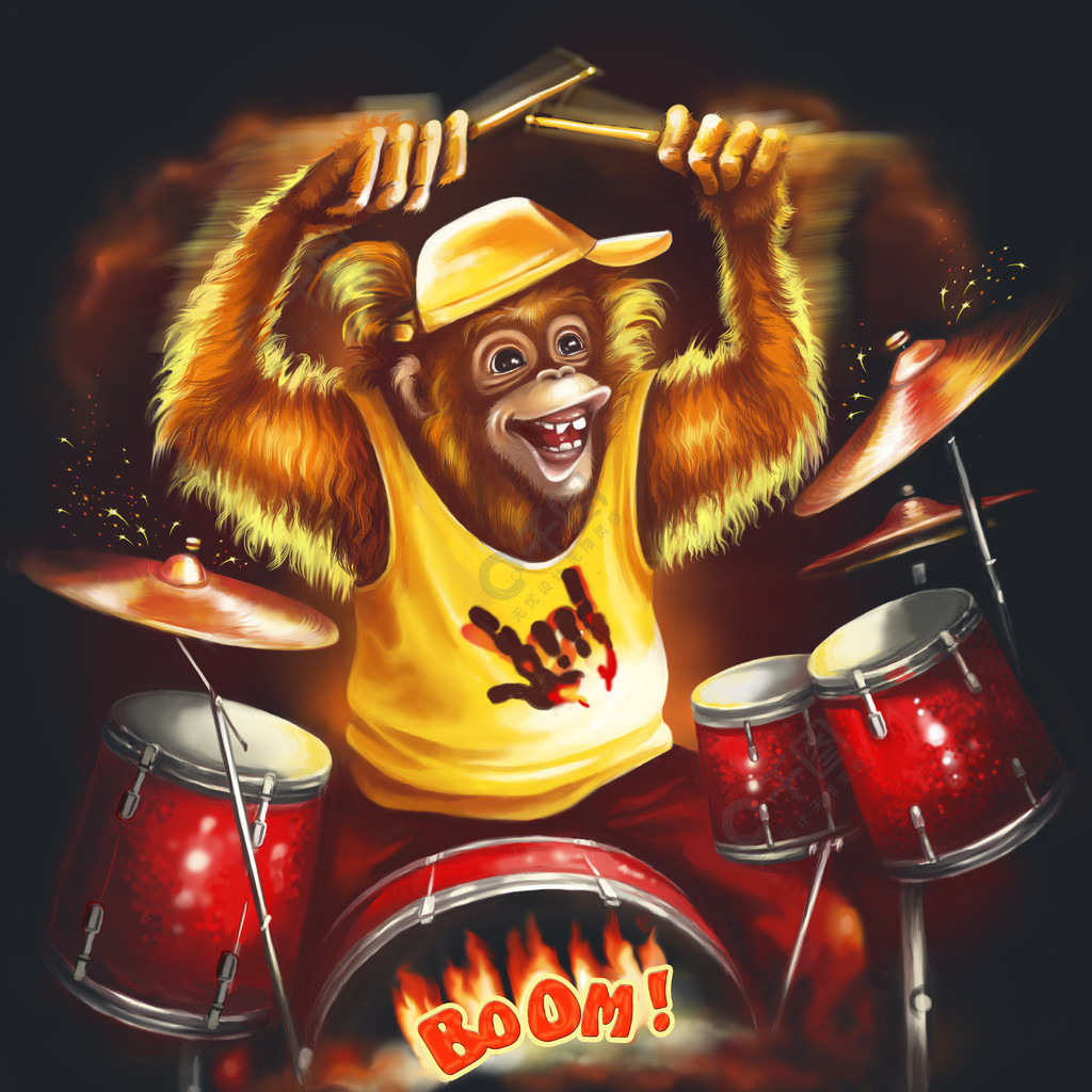 红猴子摇滚音乐家在玩鼓上的黄色t恤数码插画