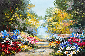 油画风景-多姿多彩的夏天森林、 美丽的花朵