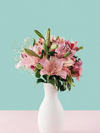 粉红色百合花白色花瓶在柔和的背景下