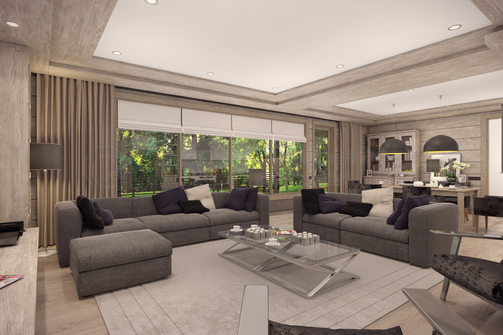 3D rendering of living room of a country house