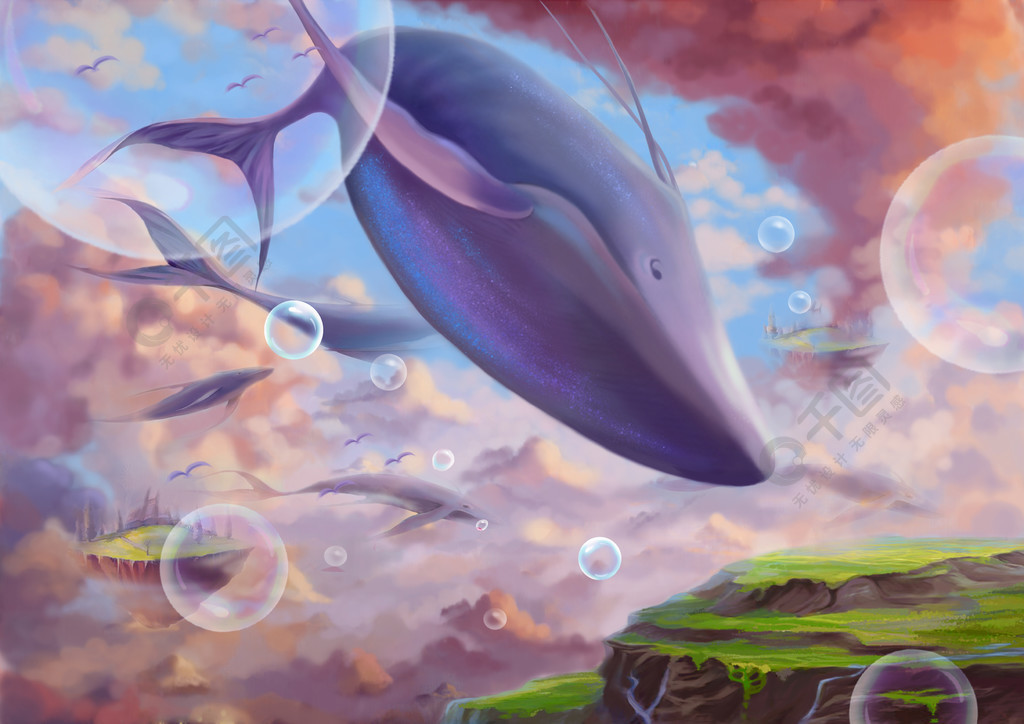 一个神奇的仙境与飞行的土地和鲸鱼神奇的卡通风格壁纸背景场景设计与