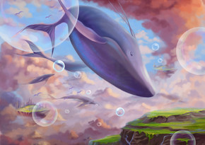 一个神奇的仙境与飞行的土地和鲸鱼。神奇的卡通风格壁纸背景场景设计与故事。-插图