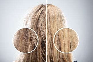 妇<i>女</i>的头发之前和之后头发矫直在灰色背景