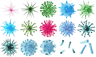 3d 渲染<i>病</i>毒细菌图标设置、 抽象孤立在的美丽微生物多彩单元微生物<i>病</i>毒分子细菌对象集.