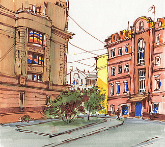 城市素描。 市中心的街道。 画标记。 手绘插图.