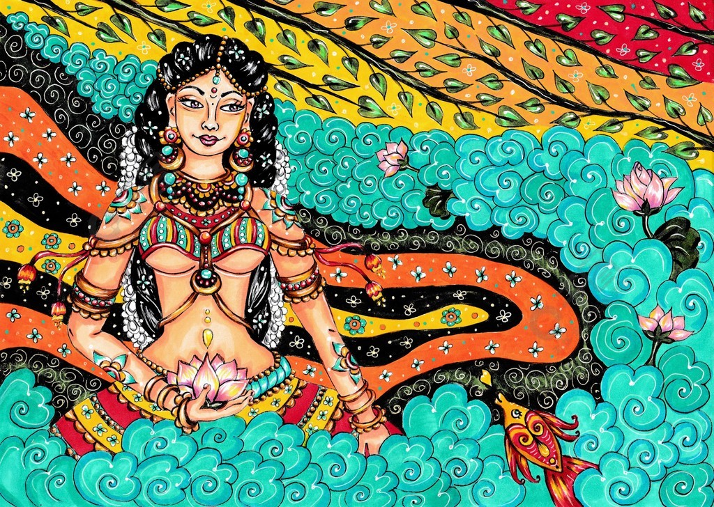 印度传统绘画的女性喀拉拉壁画风格与美丽的观赏背景