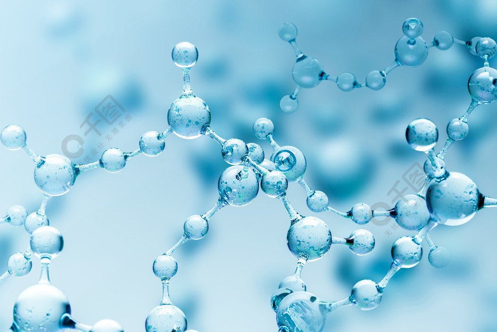透明的蓝色抽象分子模型在模糊的蓝色分子背景。科学、化学、医学和微观研究的概念。3d 渲染复制空间