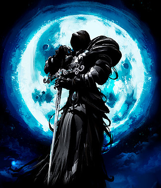 黑色的精神在板盔甲的背景下, 一个巨大的闪亮的月亮