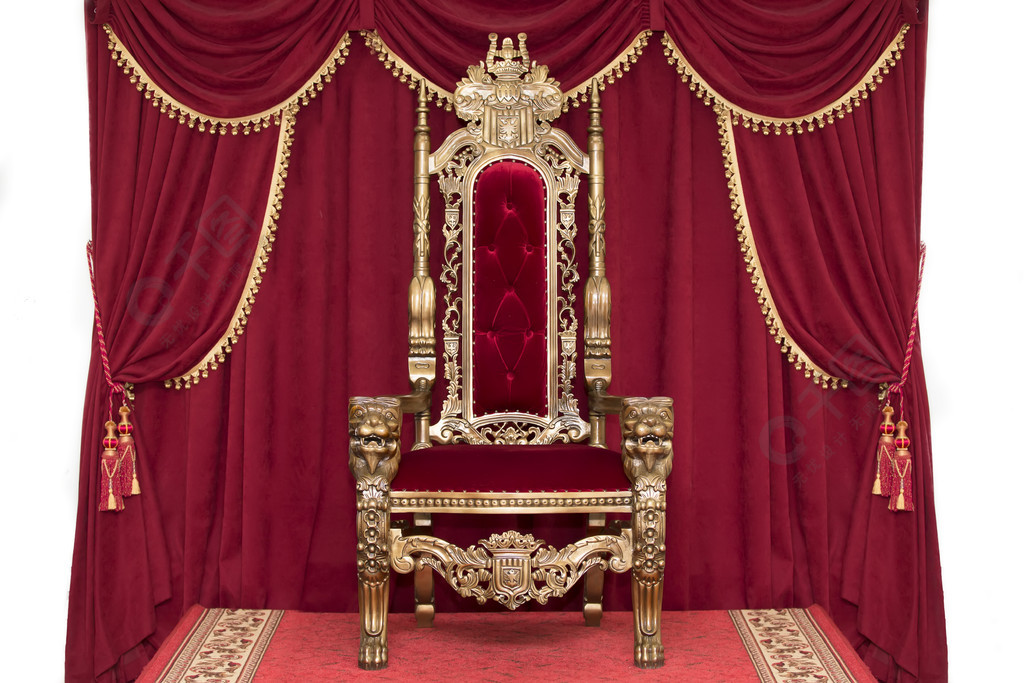 红色窗帘背景的红色皇家椅国王的地方宝座