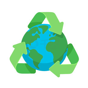 绿色星球周围的回收符号地球平面设计图标为网络和移动, 横幅, 信息图表.