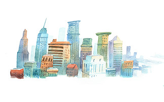 彩色的水彩画素描在纽约，美国的高层建筑。城市景观现代化的大城市