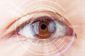 特写的棕色眼睛的未来白<i>内</i><i>障</i>保护、 扫描、 康泰克