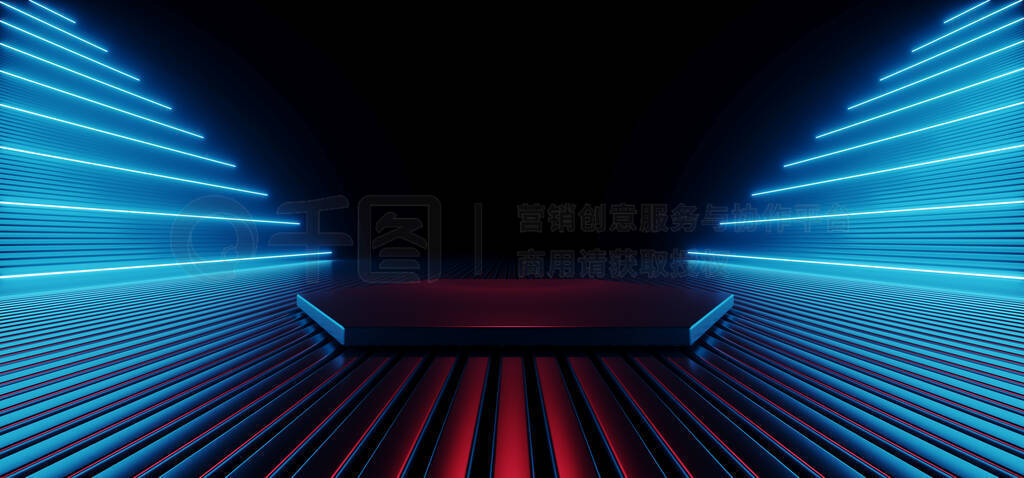 霓虹灯激光振动器发光科幻未来舞台光滑金属俱乐部展示室网络库背景紫蓝发光3D渲染画图