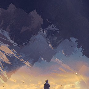 超现实世界的风景显示一个人走在云端看倒置的山, 数字艺术风格, 插图绘画
