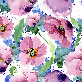 美丽的<i>勃</i>艮第罂粟花。水彩背景插图。无缝的背景模式。织物壁纸打印纹理.